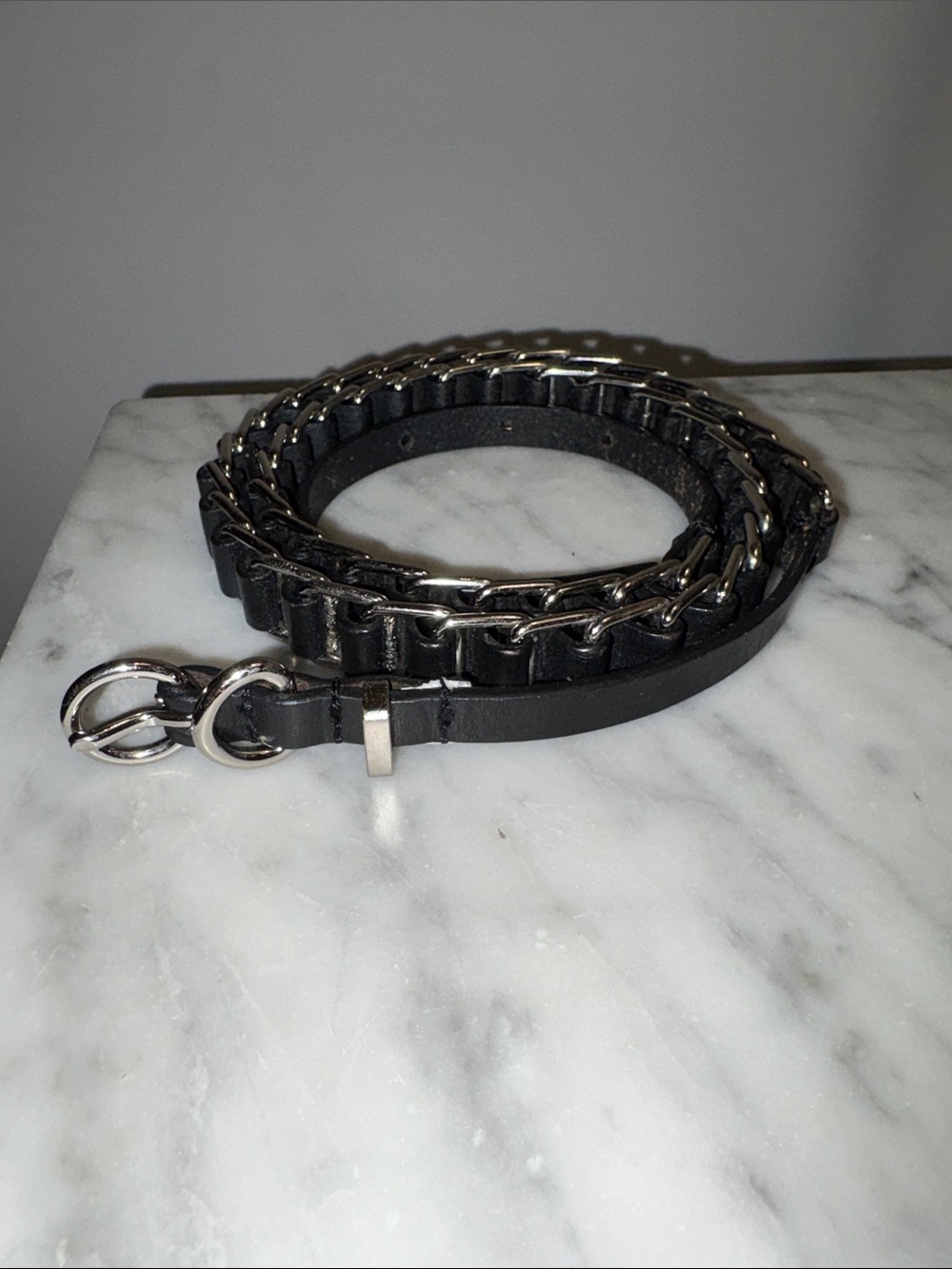Helmut Lang Diesel Biker Skinny Black Leather Ladder Chain Link Ring Buckle Belt